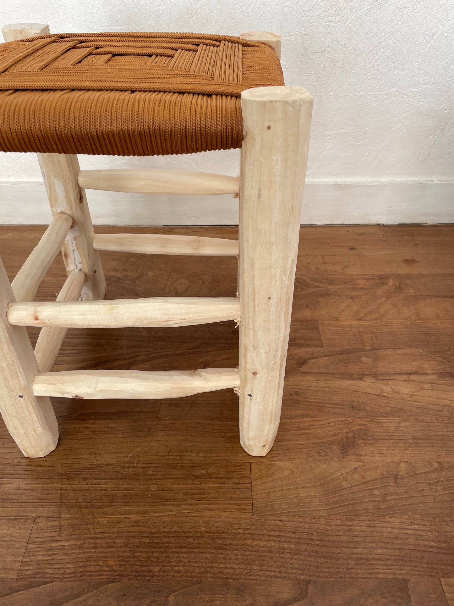 Berber wooden Moroccan stools with a colorful nylon seat