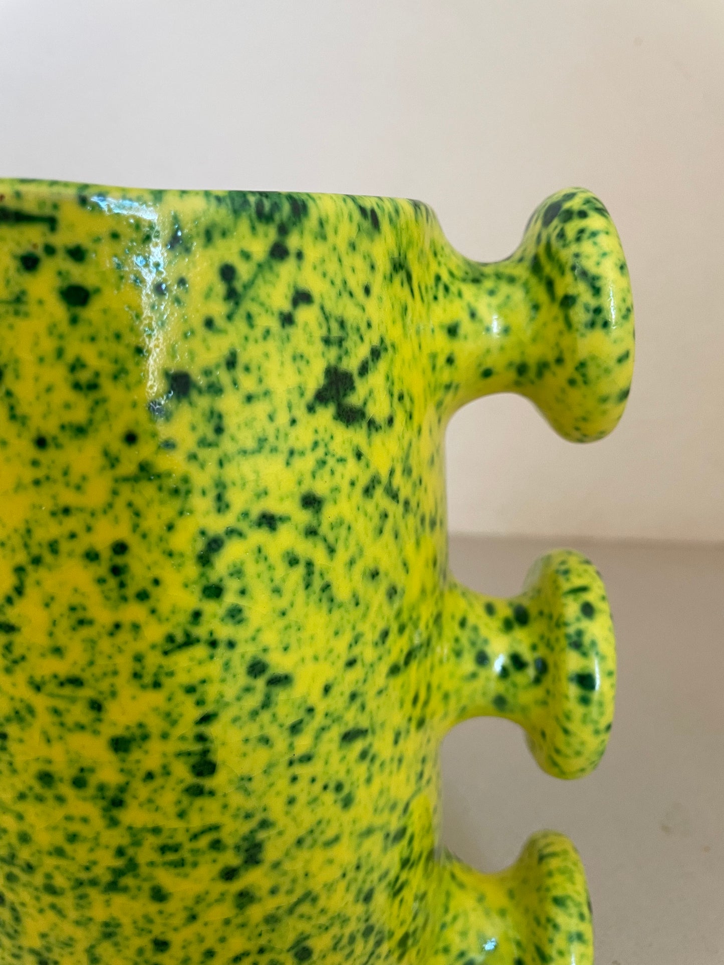 Abstract vase in yellow speckled green ceramic