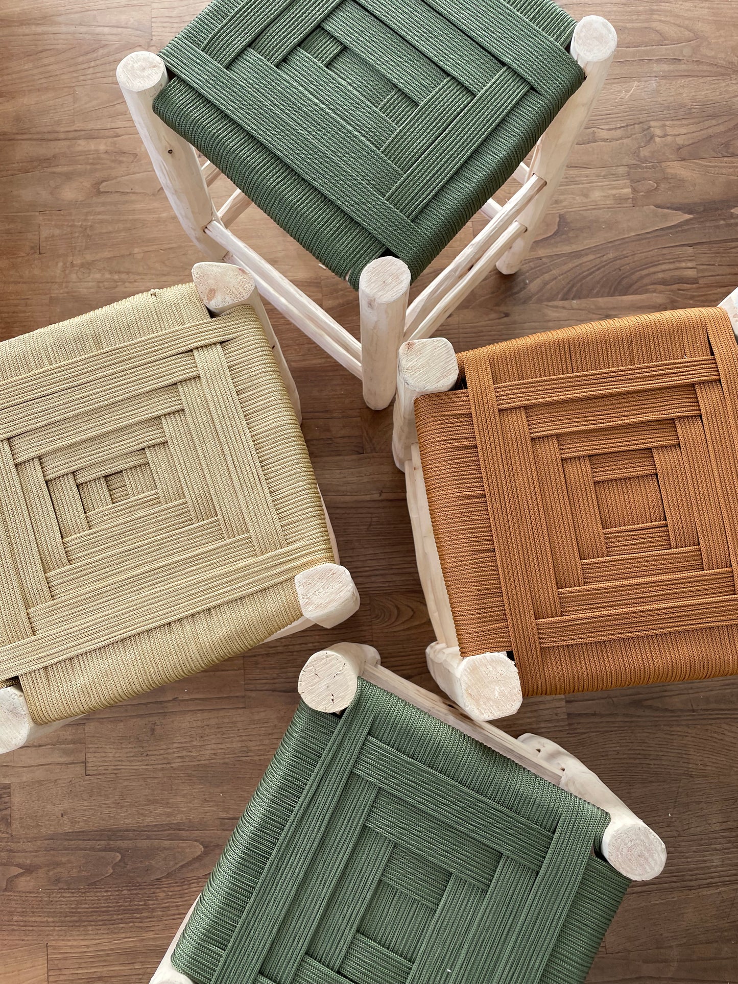 Berber wooden Moroccan stools with a colorful nylon seat