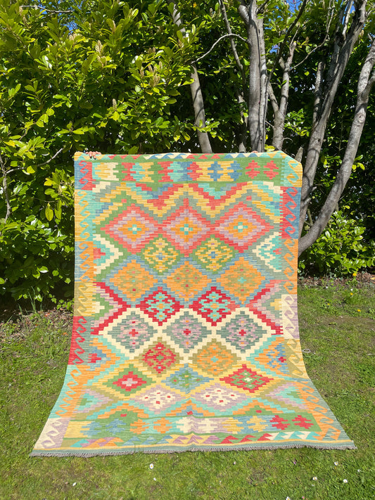 tapis kililm afghan multicolore couleurs pastel, tapis kilim afghan en laine fait-main, kilim persan multicolore 