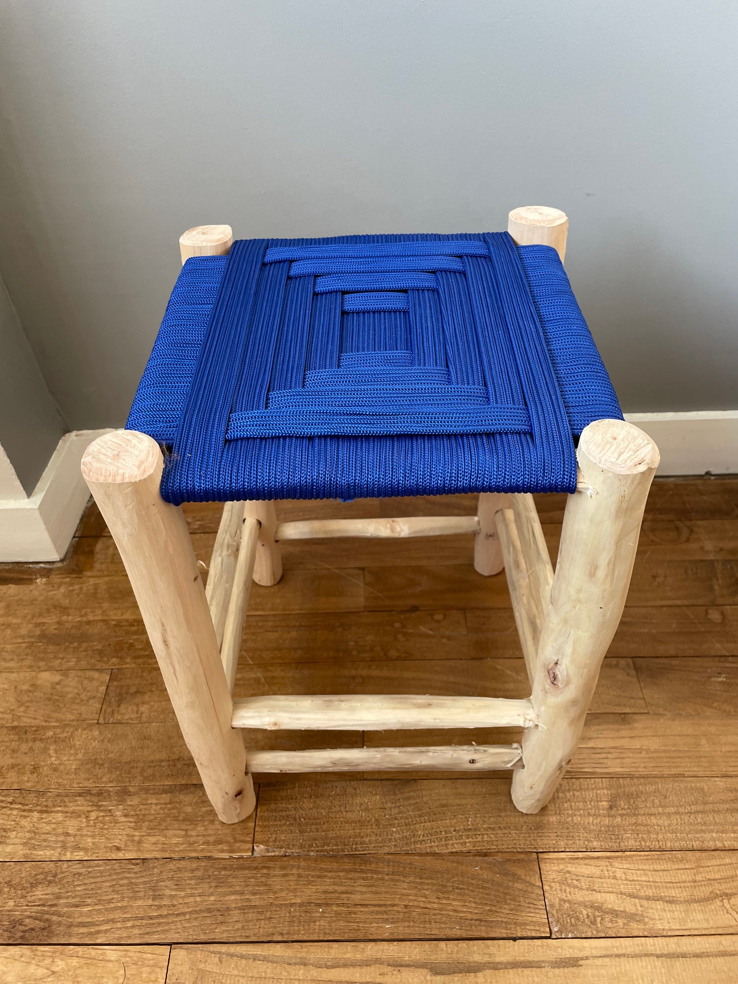 Berber wooden Moroccan stools with a colorful nylon seat