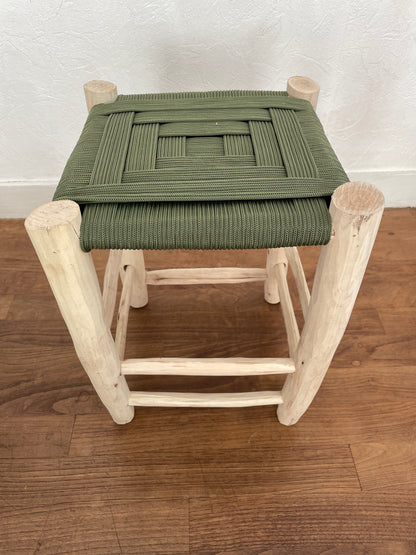 Berber wooden Moroccan stools with a colorful nylon seat