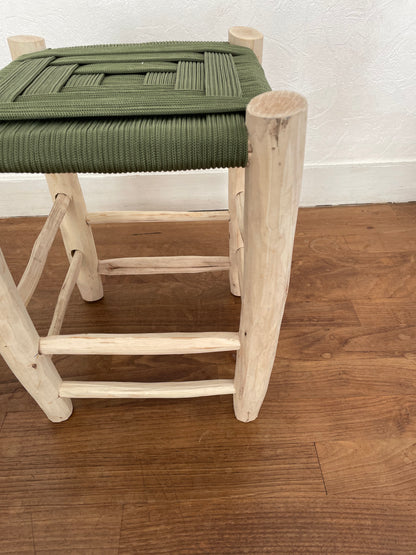 Berber wooden Moroccan stools with a colorful nylon seat