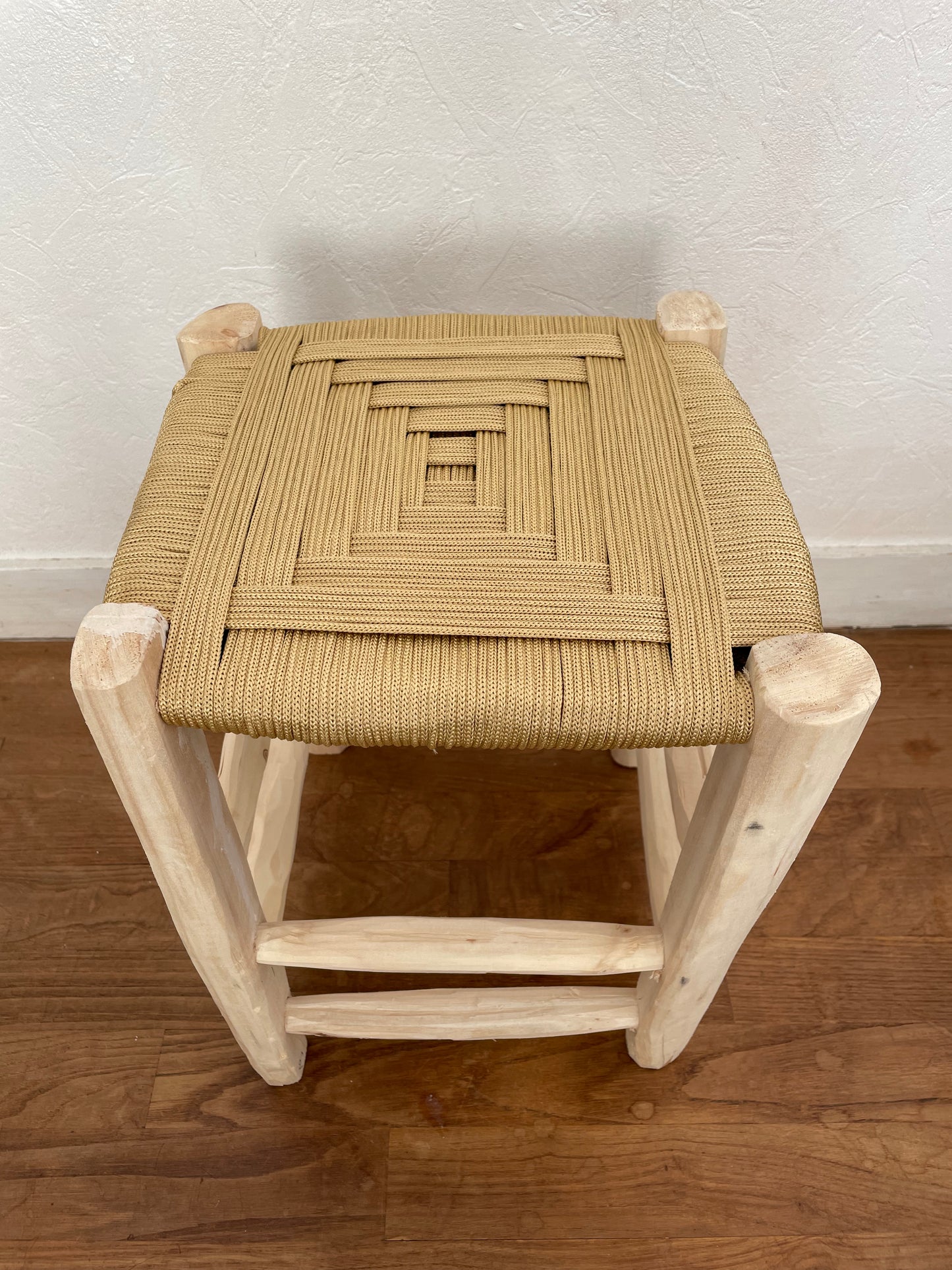 Berber wooden Moroccan stools with a colorful nylon seat