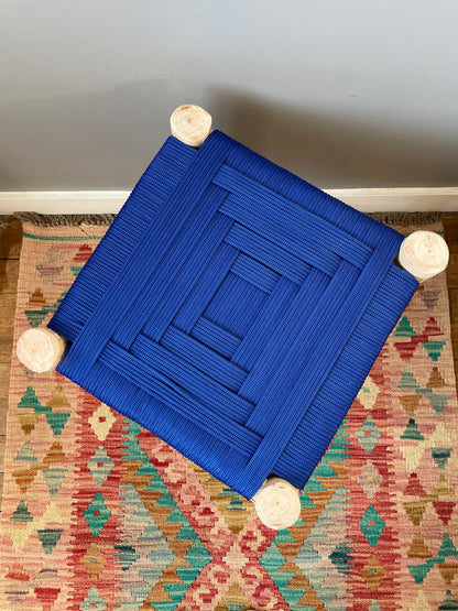 Berber wooden Moroccan stools with a colorful nylon seat